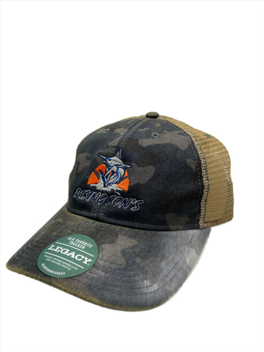 Blue camo legacy trucker hat